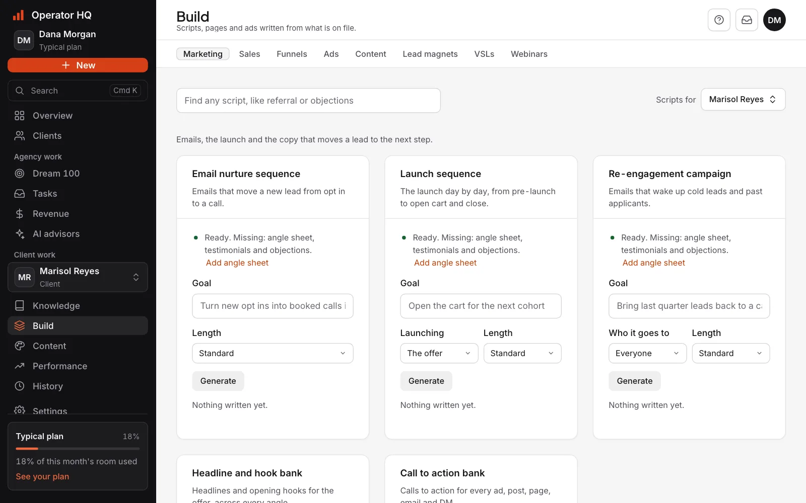 The Build page for a client: cards for the marketing, sales, funnel, ads, content and webinar scripts, each one written from the client's offer sheet.