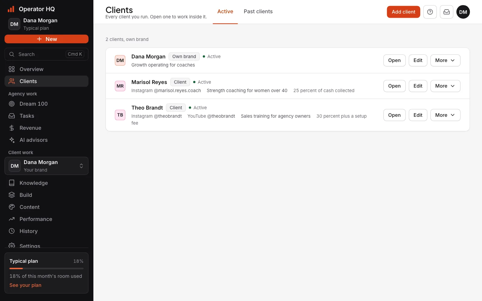 The Clients page: the operator's own brand and two client rows, each with its niche, offer and deal, and an Add client button.
